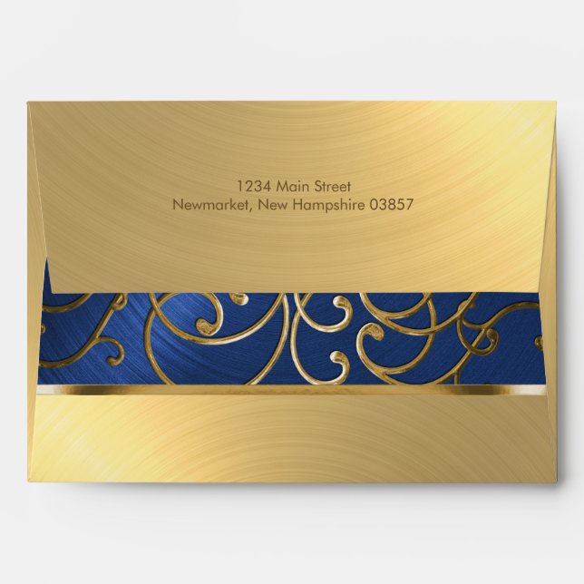 Quinceanera Navy Blue and Gold Filigree Swirls Envelope (Back (Top Flap))