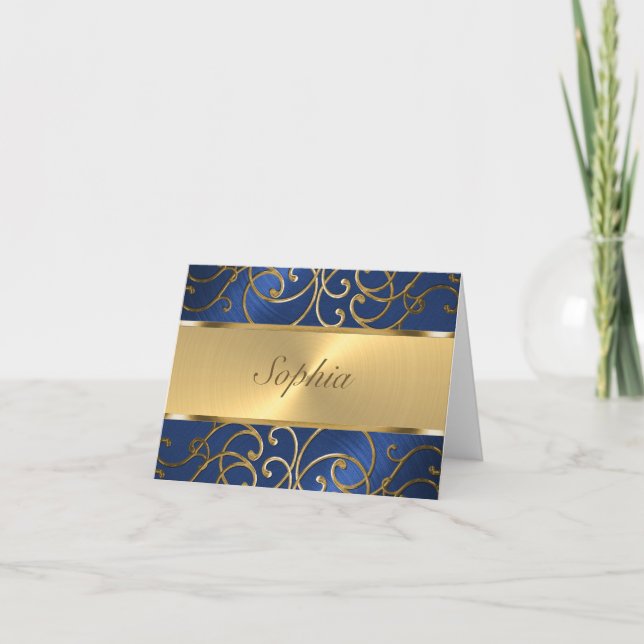 Quinceanera Navy Blue and Gold Filigree Swirls Note Card (Front)