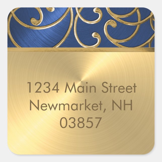 Quinceanera Navy Blue and Gold Filigree Swirls Square Sticker (Front)