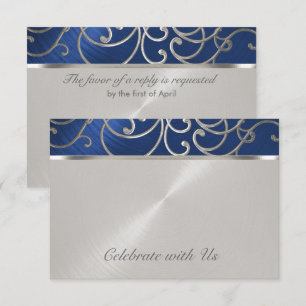 Quinceanera Navy Blue and Silver Filigree Swirls RSVP Card