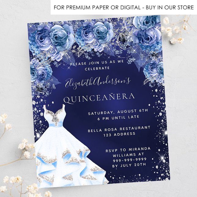 Quinceanera navy blue dress budget invitation flyer (Creator Uploaded)