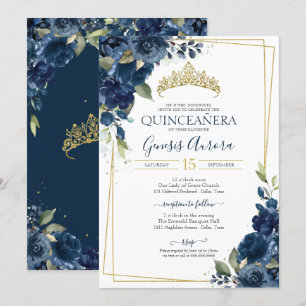 Quinceañera Navy Blue Elegant Watercolor Floral Invitation