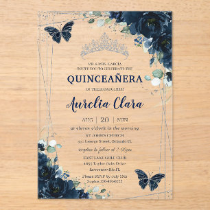 Quinceanera Navy Blue Floral Butterflies Silver Acrylic Invitations