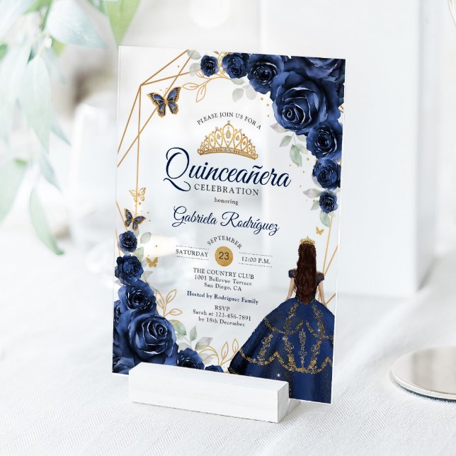 Quinceanera Navy Blue Floral Dress Gold Acrylic Invitations (Creator Uploaded)