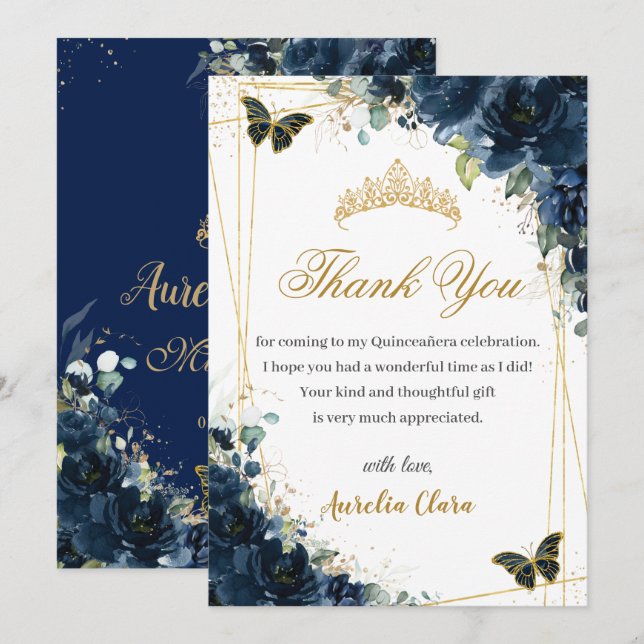 Quinceañera Navy Blue Floral Gold Butterflies Thank You Card (Front/Back)
