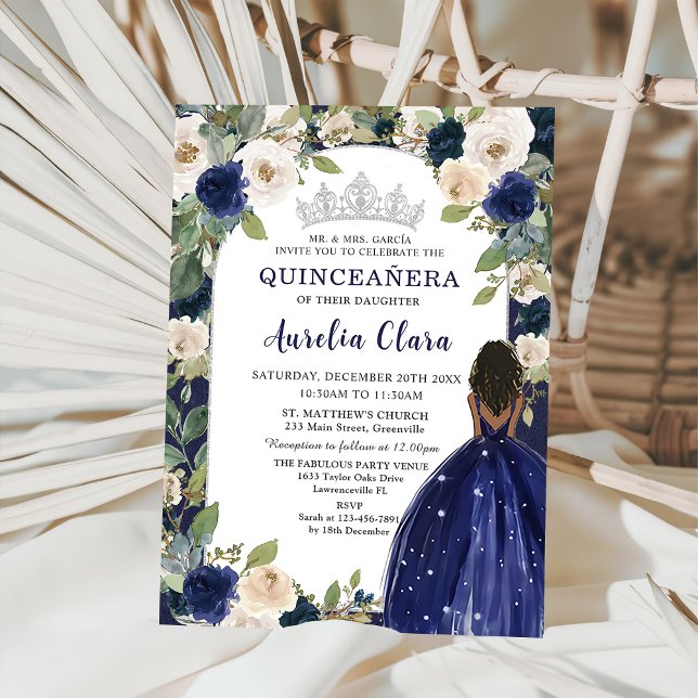 Quinceañera Navy Blue Floral Princess Birthday Invitation (Creator Uploaded)