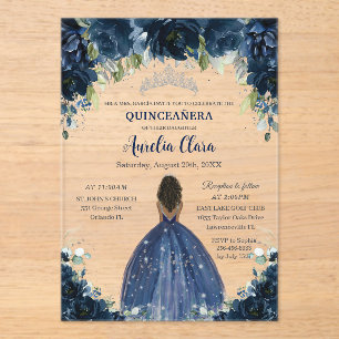 Quinceanera Navy Blue Floral Silver Brown Princess Acrylic Invitations