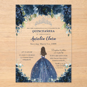 Quinceañera Navy Blue Floral Silver Princess Crown Acrylic Invitations