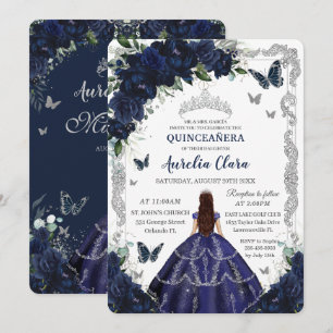 Quinceanera Navy Blue Floral Silver Princess  Invitation
