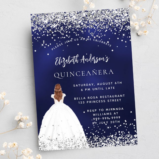 Quinceanera navy blue glitter dress invitation postcard (Creator Uploaded)