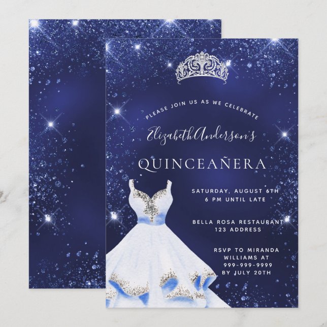 Quinceanera navy blue glitter dress tiara invitation (Front/Back)