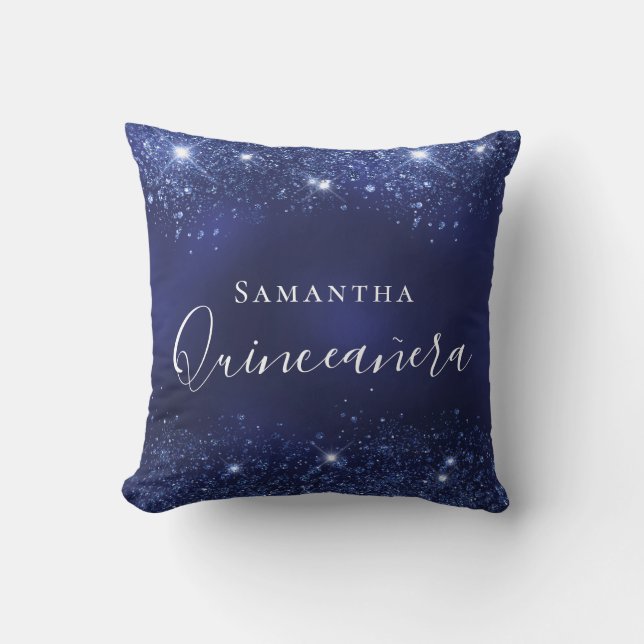 Quinceanera navy blue glitter sparkles name throw pillow (Front)