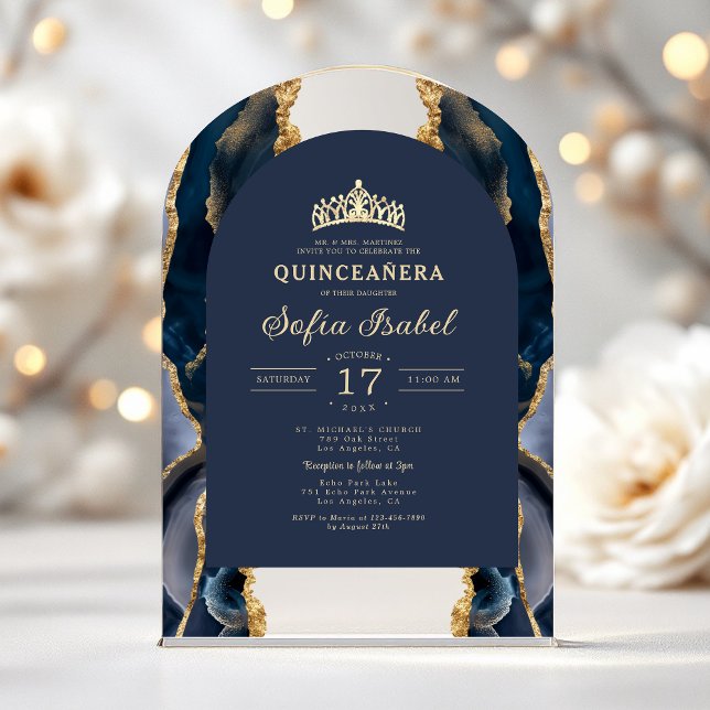 Quinceañera Navy Blue Gold Agate Elegant Acrylic Invitations (Creator Uploaded)