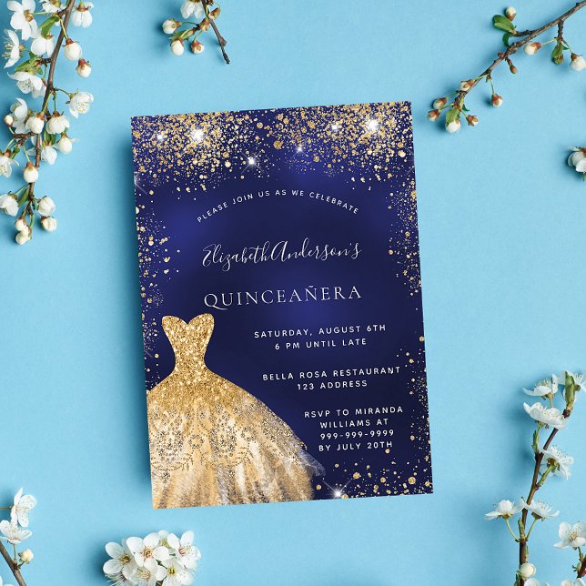Quinceanera navy blue gold dress glamourous invitation (Creator Uploaded)
