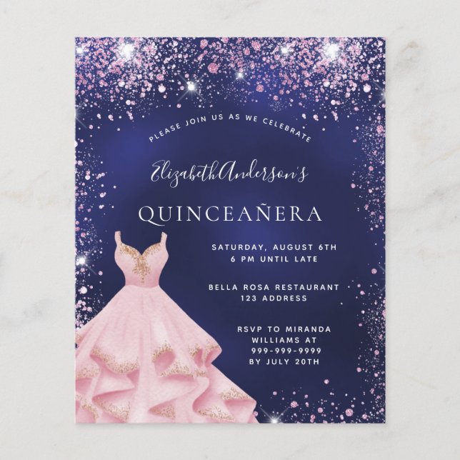 Quinceanera navy blue pink dress budget invitation flyer (Front)