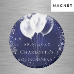 Quinceanera navy blue silver balloon Save the date Magnet<br><div class="desc">For a Quinceañera,  15th birthday. Navy blue backround,  the blue colour is uneven. Decorated with faux silver glitter,  sparkles and white balloons.  Personalize and add a name.  White letters. Can be used as a keepsake,  party favour or Save the Date reminder for your guests.</div>