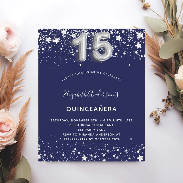 Quinceanera navy blue silver budget invitation flyer (Creator Uploaded)