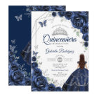 Quinceanera Navy Blue Silver Floral Dress