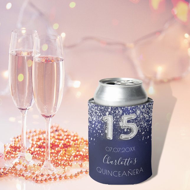 Quinceanera navy blue silver glitter dust name can cooler (Creator Uploaded)