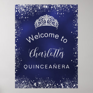 Quinceanera navy blue silver glitter welcome poster