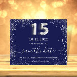 Quinceanera navy blue silver save the date announcement postcard<br><div class="desc">A trendy Save the Date for a Quinceañera, 15th birthday party. A navy blue background decorated with faux silver glitter, sparkles. The blue colour is uneven. Personalize and add a date and name/age. The text: Save the Date is written with a large trendy hand lettered style script. Number 15 with...</div>