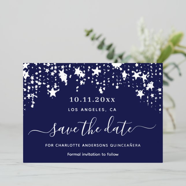 Quinceanera navy blue silver Save the Date Foil Holiday Card (Standing Front)