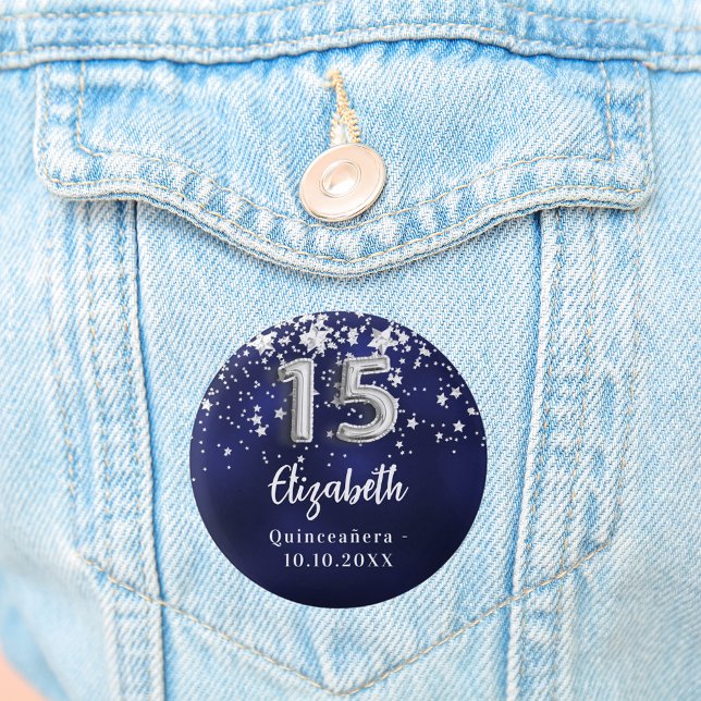 Quinceanera navy blue silver stars 1 inch round button (Creator Uploaded)