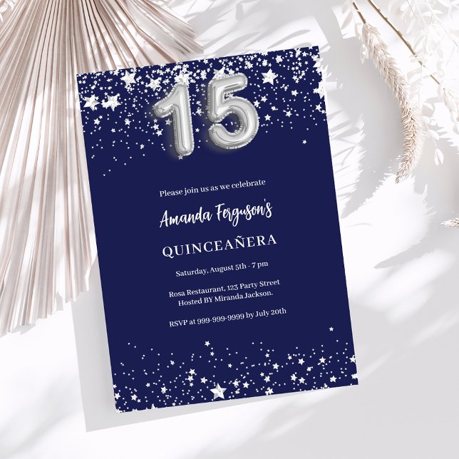 Quinceanera navy blue silver stars invitation (Creator Uploaded)