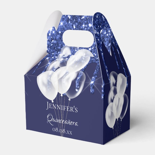 Quinceanera navy blue white glitter balloons favor box (Front Side)
