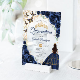 Quinceanera Navy Gold Floral Acrylic Invitations