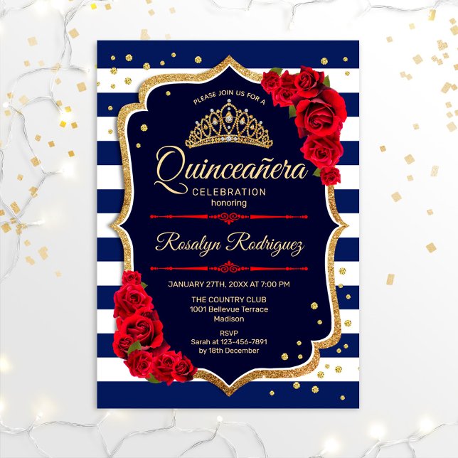 Quinceanera - Navy Gold Red Invitation (Creator Uploaded)
