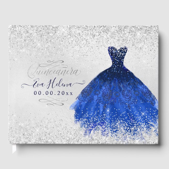 Quinceañera Navy Royal Blue Sparkling Gown Guest Book (Front)