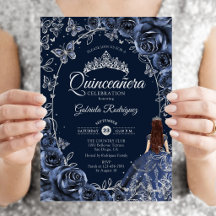 Quinceanera Navy Silver Butterflies Roses