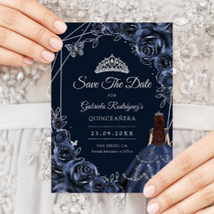 Quinceanera Navy Silver Butterflies Roses Save The Date