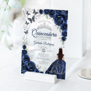 Quinceanera Navy Silver Floral Acrylic Invitations