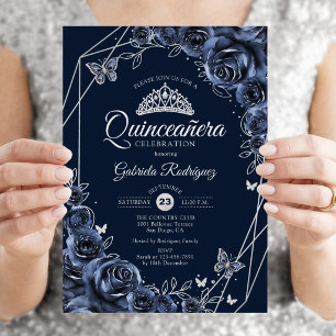 Quinceanera Navy Silver Floral Invitation