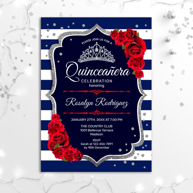 Quinceanera - Navy Silver Red Invitation (Creator Uploaded)