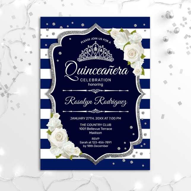 Quinceanera - Navy Silver White Invitation (Creator Uploaded)