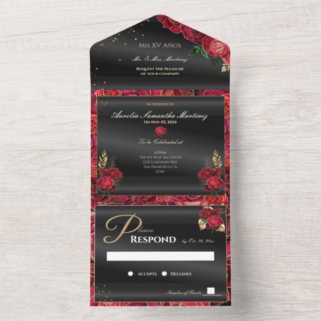 Quinceañera noire et rouge Invitations abordables (À l'intérieur)