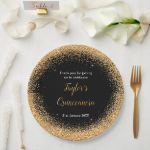 Quinceanera Orange Faux Glitter Paper Plate