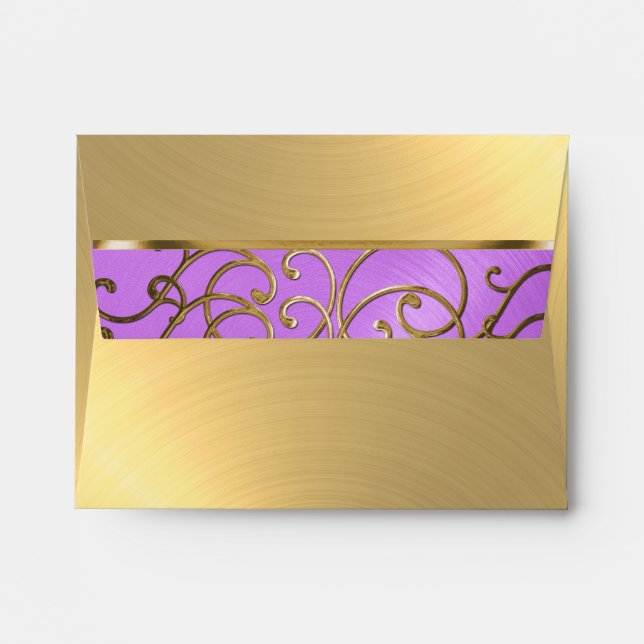 Quinceanera Orchid Purple and Gold Filigree Swirls Envelope (Back (Top Flap))