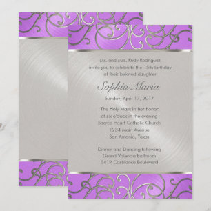 Quinceanera Orchid Purple Silver Filigree Swirls Invitation