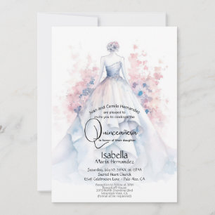 Quinceañera   Pale Blue Gown Pink Flowers Invitation