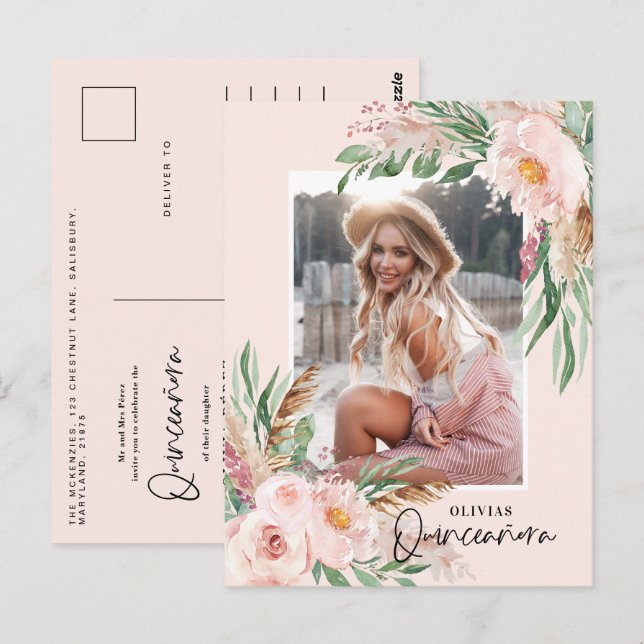 Quinceañera pale pink girly floral photo birthday  postcard (Front/Back)