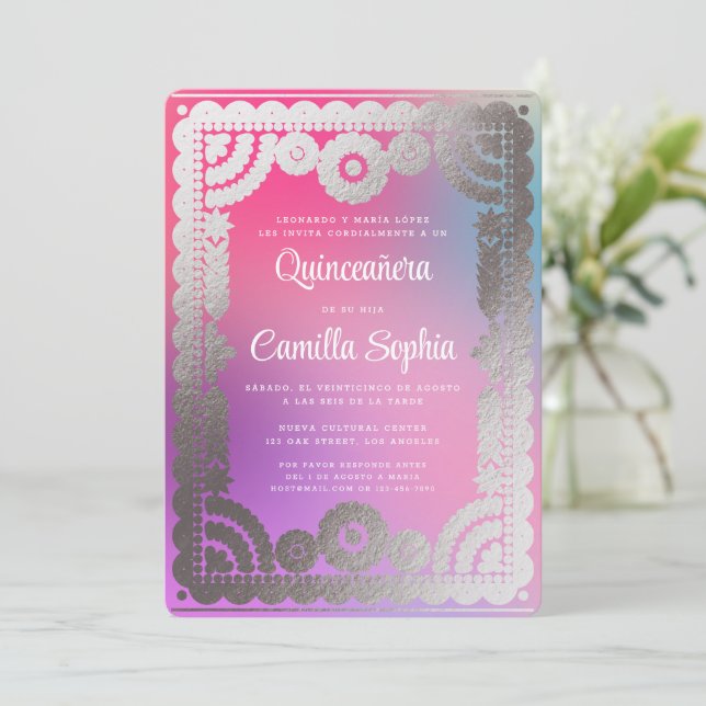 Quinceañera Papel Picado Fun Gradient Pink Silver Invitation (Standing Front)