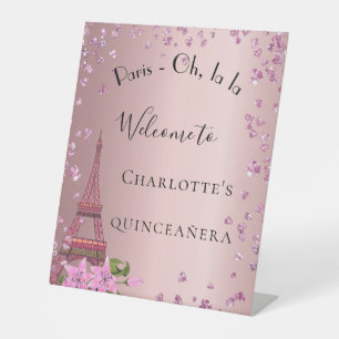 Quinceanera Paris blush pink eiffel tower welcome Pedestal Sign