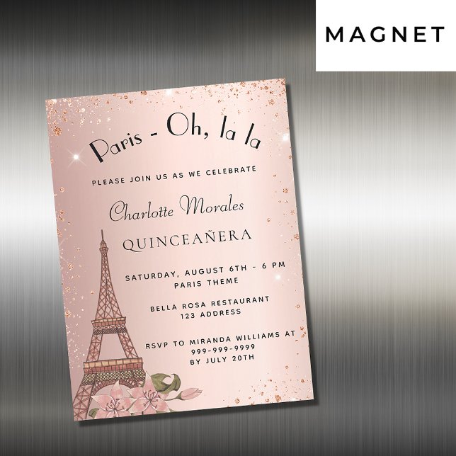 Quinceanera Paris Eiffel tower rose gold glitter Magnetic Invitation (Creator Uploaded)