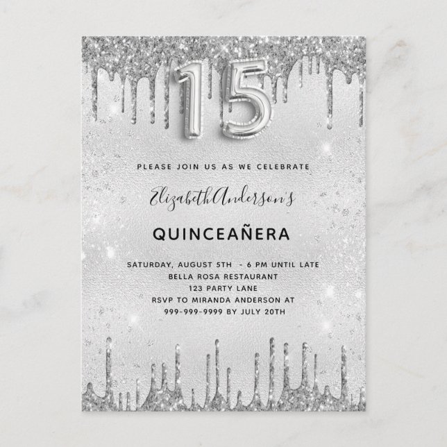 Quinceanera parties scintillant argent invitation (Devant)