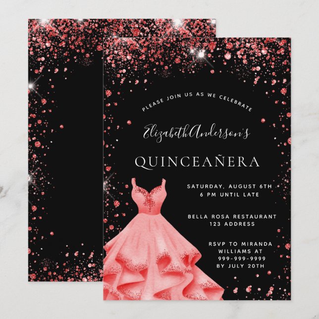 Quinceanera party black red glitter dress invitation (Front/Back)