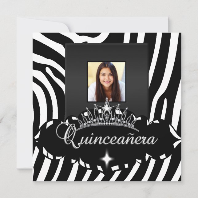 Quinceanera Party Black White Zebra Girl Photo Invitation (Front)